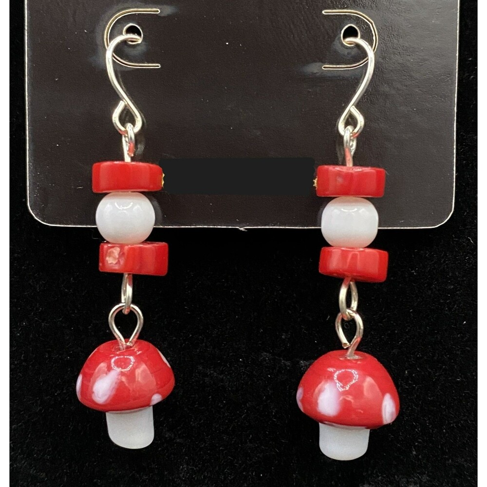 Handmade Mushroom Red & White Glass & Red Coral Bead Earrings by Neanie-Bot